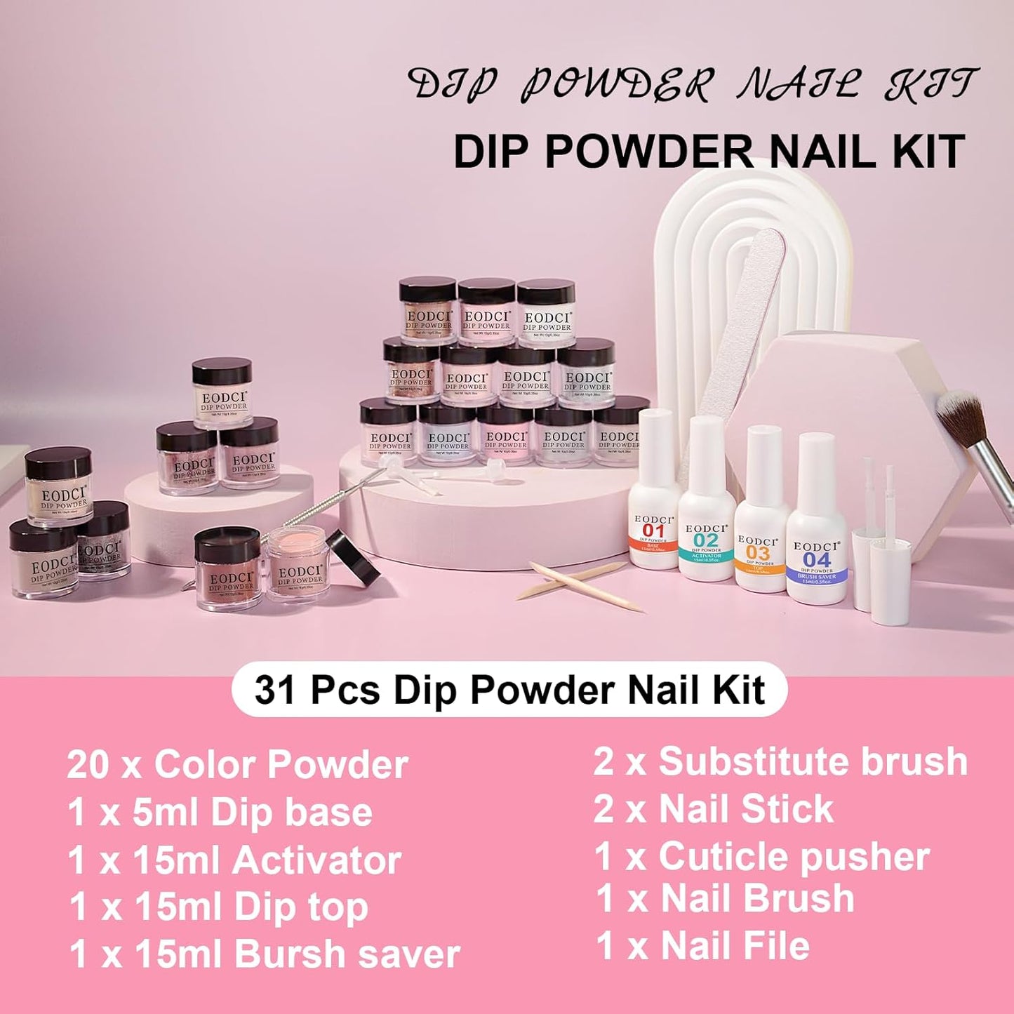 31 Pcs Dip Powder Nail Kit Starter - 20 Colors Nude Brown Skin Tone Dipping Powder Liquid Set with Base Top Coat, Activator, Brush Saver, Nail Buffer and Brush No Needed Lamp Curing