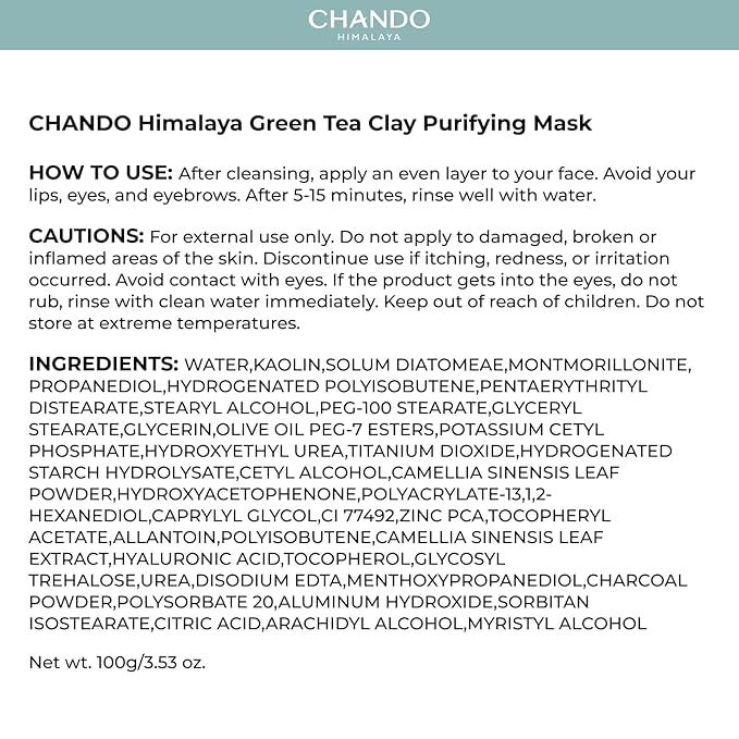 Purifying Green Tea Mask, Natural Facial Clay Mask Deep Pore Cleansing with Green Tea Extract and Portulaca Extract, for Clogged Pores, Detoxifies & Balance Oil, 3.52 fl.oz