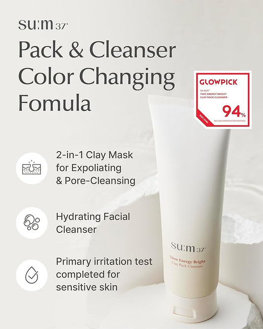 SU:M One Minute Clay Mask - Pore Cleanser & Hydrating 2-in-1 Korean Face Mask and Facial Cleanser for Blackheads, Exfoliation & Smooth Skin, 5.07 fl oz