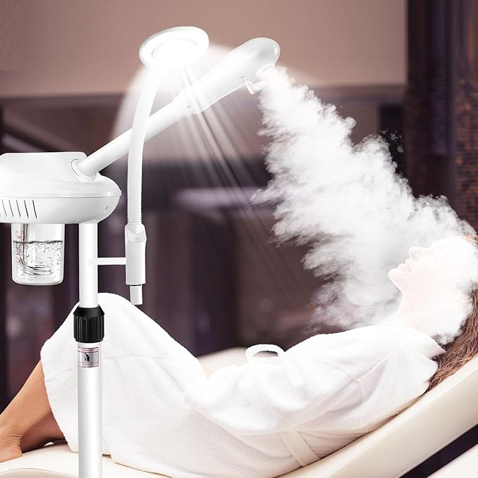 Professional 2 in 1 Facial Steamer for Ozone Humidifier Atomizer Attach 5× Magnifier and Light, Face Steamer Clean Skin Firming Pores and Moisturizing Suitable for a Beauty, Spa, at Home