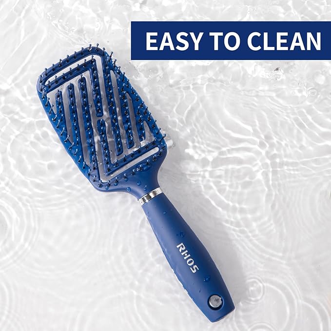RHOS Curved Vented Detangling Hair Brush for Men, Faster Blow Drying/Styling,Paddle Vent Detangler Brush for Short,Thin,Bangs,Wet&Dry Hair(Blue)