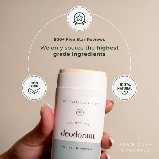 Rowe Casa Organics Tea Tree + Lemongrass Natural Deodorant for Men and Women, Fresh and Energizing Paraben-Free Deodorant Stick with Therapeutic-Grade Essential Oils, 2 oz