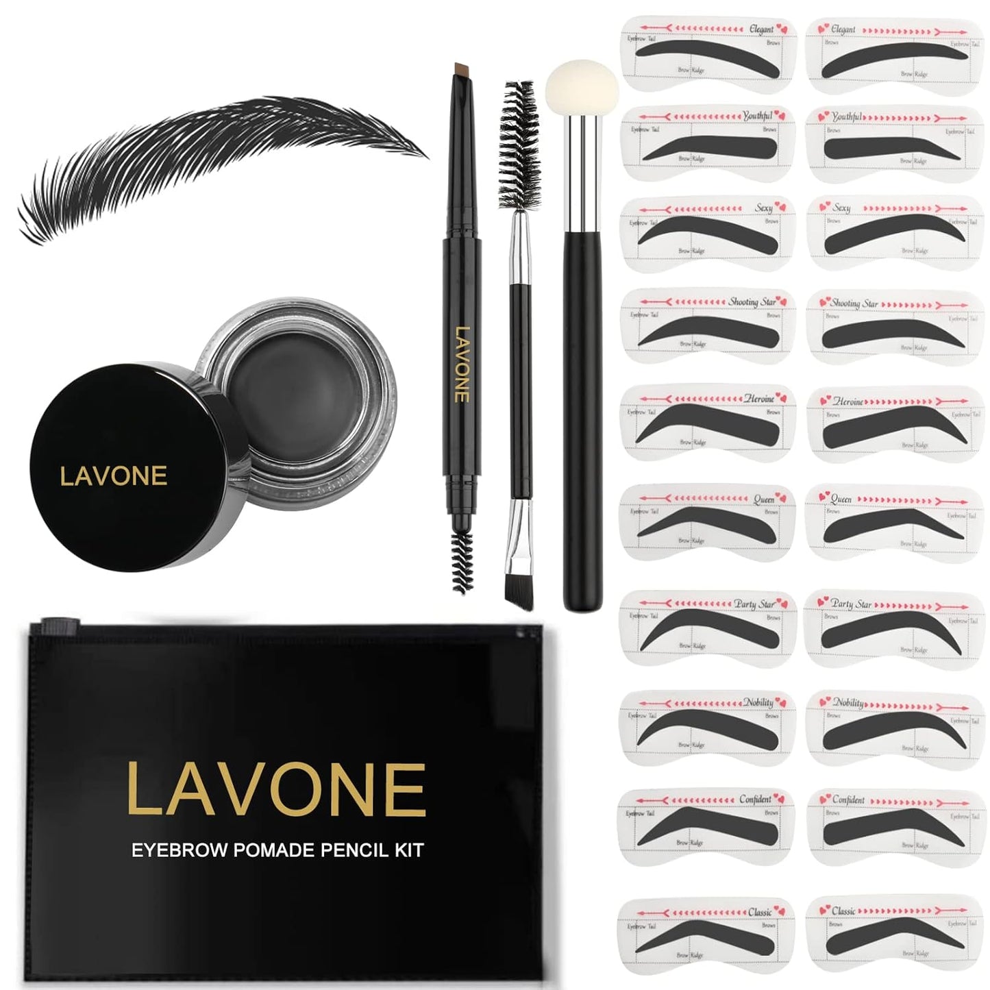 LAVONE Eyebrow Stamp Stencil Kit for Eyebrows, Brow Stamp Trio Kit with Waterproof Eyebrow Pencil, Eyebrow Pomade, 20 Eyebrow Stencils, Dual-ended Eyebrow Brush and Sponge Applicator - Black