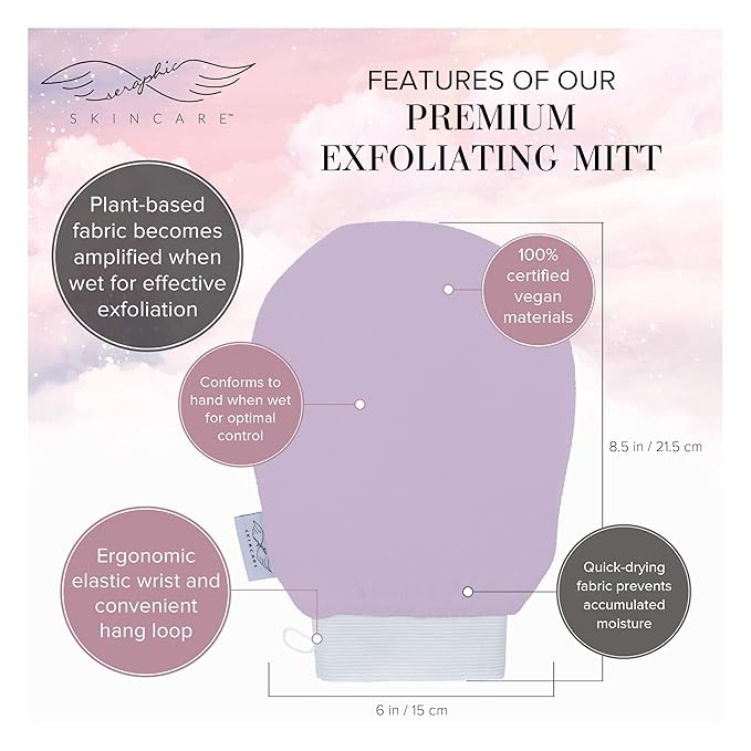 Seraphic Skincare (Lavender) Premium Exfoliating Mitt for Body (1pc) – 100% Vegan Viscose Traditional Body Scrub Glove Kessa Korean Washcloth – Body Exfoliator for Self-Tan Removal & Keratosis Pilaris