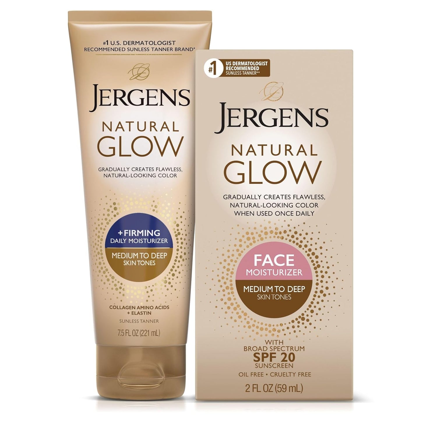 Jergens Natural Gradual Glow Bundle Pack: Daily Moisturizer +Firming 7.5fl oz and SPF20 Face Moisturizer 2fl oz, Medium to Tan