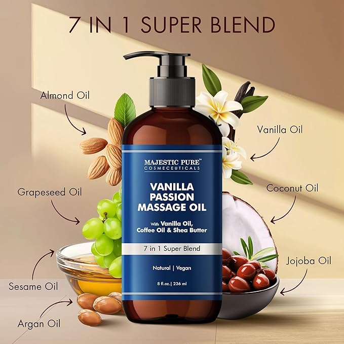 Majestic Pure Vanilla Passion Massage Oil with Vanilla Oil, Coffee Oil & Shea Butter | Invigorating, Refreshing, and Relaxing |for All Skin Types - Men and Women | 8 Fl Oz