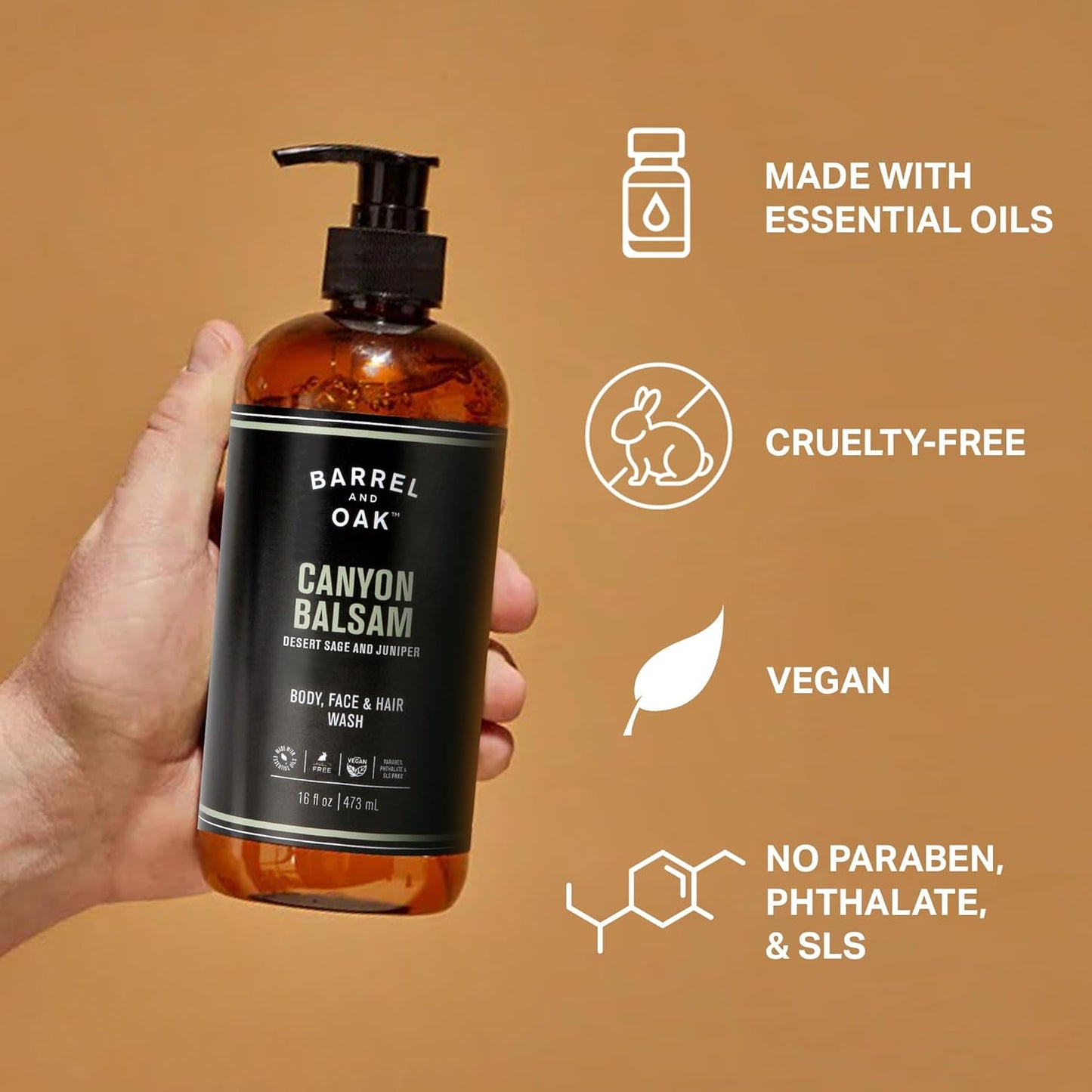 Barrel & Oak All-in-One Wash for Face, Hair, & Body, Vegan & Hydrating Face, Shampoo and Body Wash for Men, Grooming Kit Gifts for Men, Canyon Balsam, 16 oz