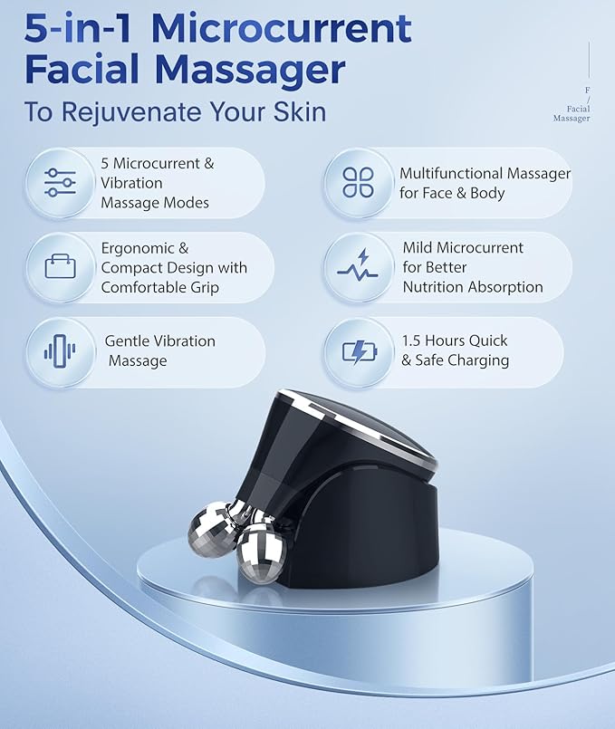 Microcurrent-Facial-Device, 5-in-1 Microcurrent Multifunctional Facial Massager, Face Roller Face Massager for Skin Care, Glossy Black