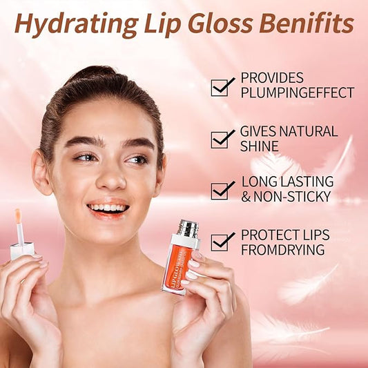 Plumping Lip Oil, Hydrating Gloss Tinted Lip Balm Transparent Lip Care, Big Brush Head Glitter Shine, Long Lasting Nourishing Non-sticky Fresh Texture(CORAL)