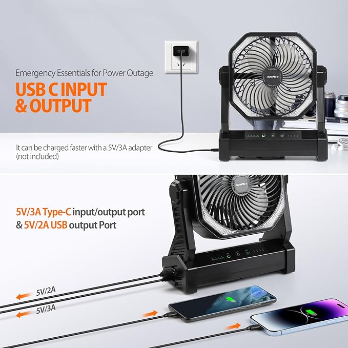 20000mAh Camping Fan, Rechargeable Portable Fan with 400 Lumes Light, 360° Rotatable Hook, 270° Pivot, 4 Speeds, 58Hrs Battery Powered for Tent Car Trip Outdoor BBQ Hurricane Power Outages