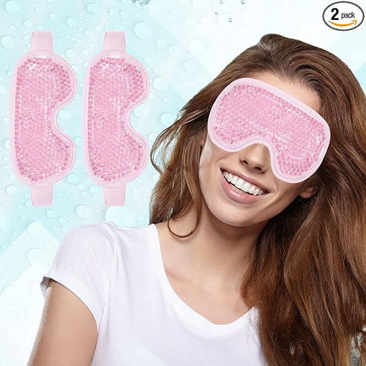 2 PCS Reusable Hot Cold Therapy Gel Bead Eye Mask for Puffiness, Dark Circles, Bags, Dry Eyes, Headaches, Migraines, Stress Relief - Cooling Ice Pack (Pink)