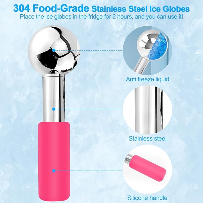 CGBE 360 Rotating Ice Globes for Face, Food-Grade Stainless Steel Facial Globes for Cryo Therapy, Smaller Ice Globes for Facials Reduce Wrinkles & Swelling - Pink