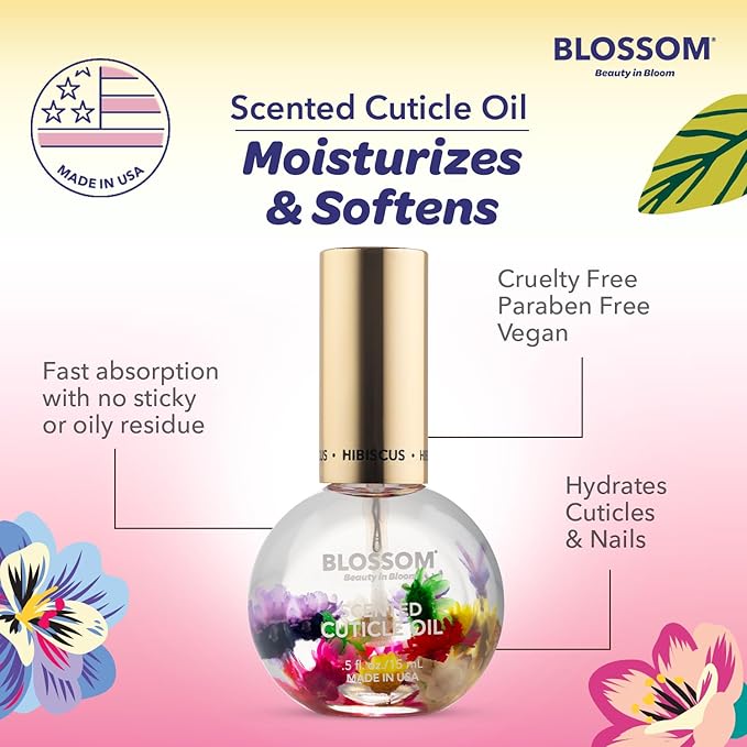 Blossom Cuticle Oil for Nails, Hydrating, Moisturizing, Scented Nail Oil Cuticle Care, Infused with Real Flowers, Made in USA, 0.5 fl. oz, Hibiscus