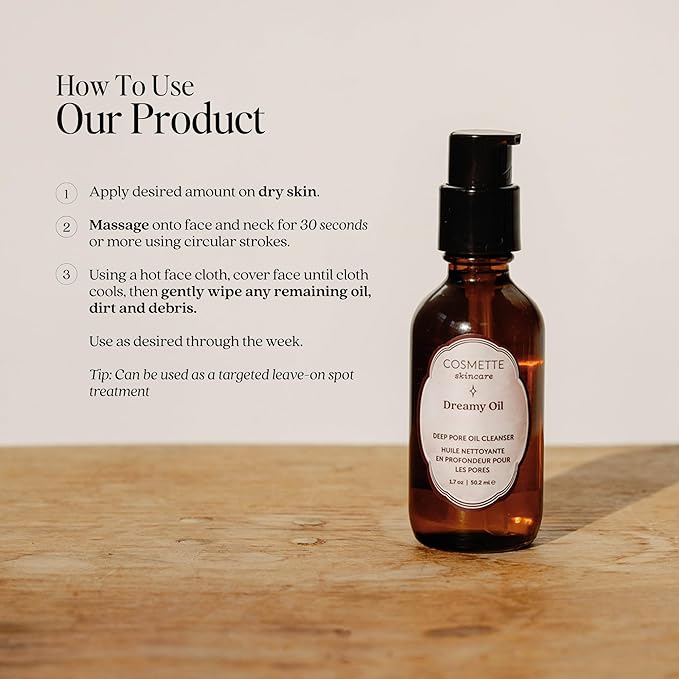 Cosmette Dreamy Oil Face Wash, Facial Oil Cleanser With Castor, Coconut, Jojoba & Pumpkin Seed Oils, Vegan Makeup Remover to Hydrate, Gentle, Natural Skin Care, Non Comedogenic, 1.7 Fl Oz