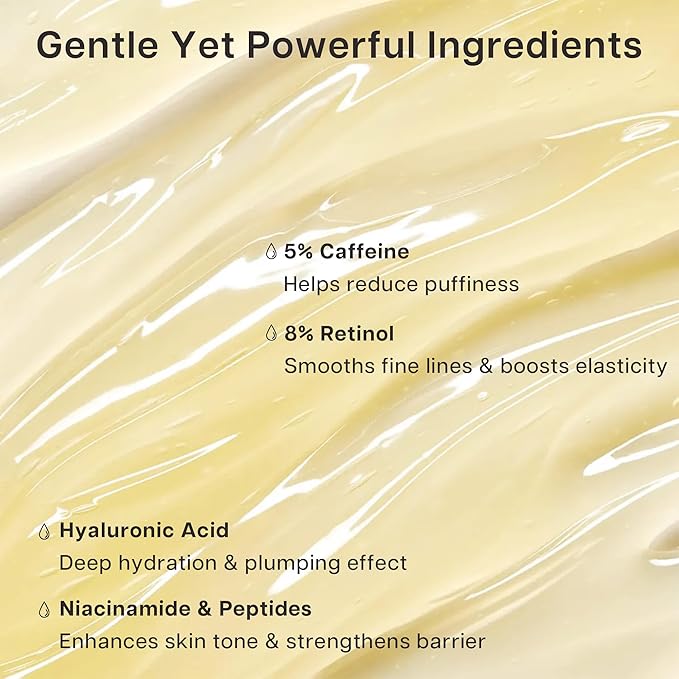 Eye Serum for Dark Circles and Puffiness, 5% Caffeine 8% Retinol Under Eye Cream with Build-In 3D Roller Applicator, Hyaluronic Acid Peptide for Hydration Fine lines Wrinkles, 0.5 fl oz