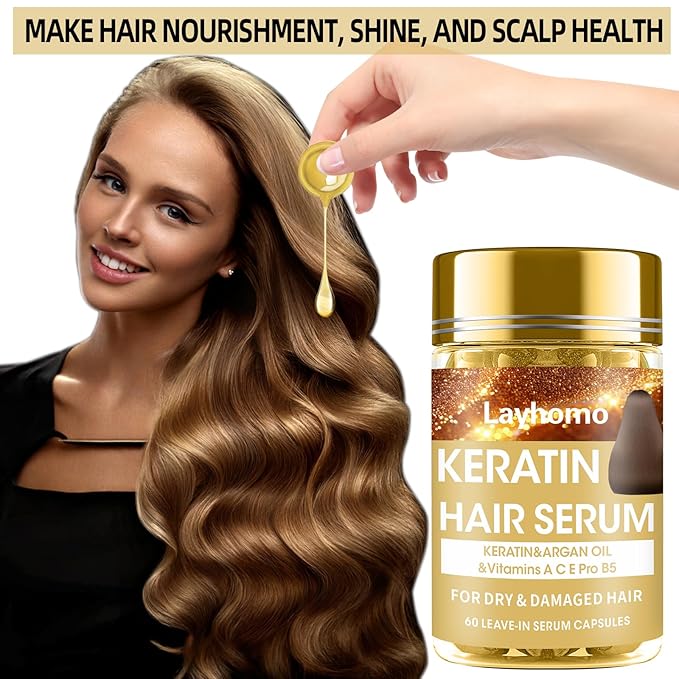 Keratin Hair Treatment Serum,60 Capsules Hair Treatment Oil for Dry Damaged Hair,Hair Oil with Keratin,Argan Oil-Leave-in Anti Frizz Conditioner with Vitamins A, C, E & B5- No Rinse for All Hair Types