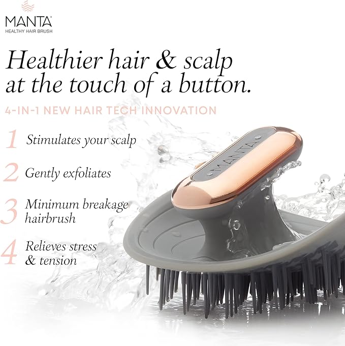 MANTA Pulse Electric Scalp Massage Brush – Wet Exfoliating Scalp Massager, Shampoo Brush for Hair Growth with Shower Holder, Grey