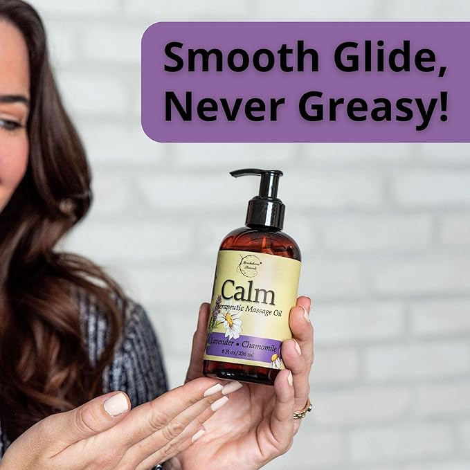 Calm Massage Oil for Massage Therapy with Lavender & Chamomile Essential Oils to Relax Sore Muscles | All Natural with Coconut, Grapeseed & Jojoba for Smooth Skin | Brookethorne Naturals 8oz