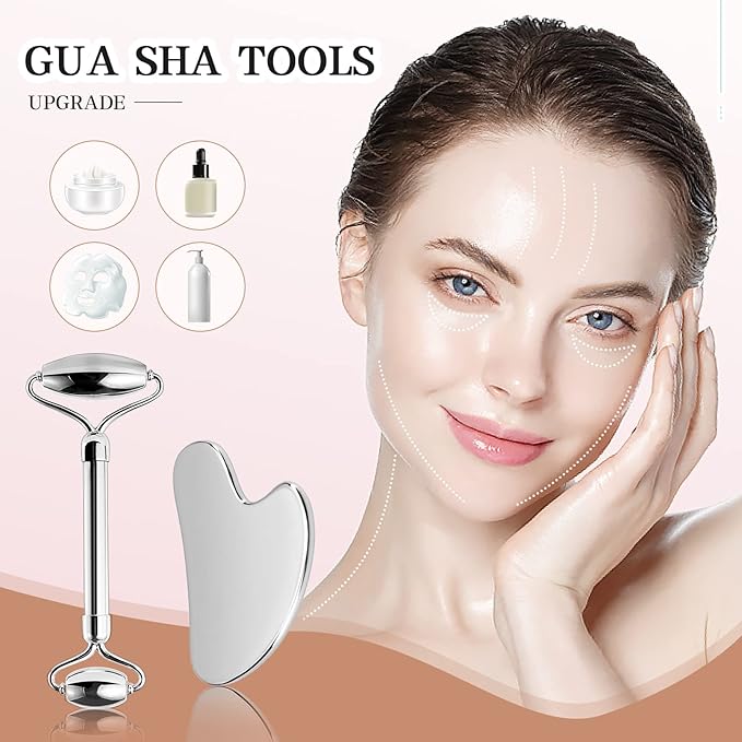 Aresvns Stainless Steel Facial Roller & Gua Sha - Metal Gua Sha, Gua Sha Facial Tools Stainless Steel, Face Body Treatment, Reduce Puffiness, Lymphatic Drainage, Facial Tension