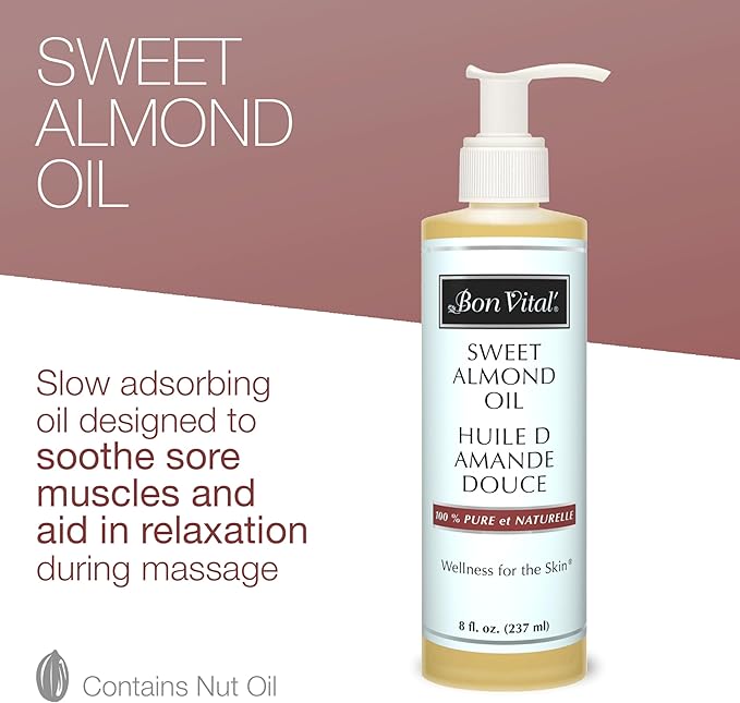 Bon Vital' Sweet Almond Oil Skin & Hair Moisturizer & Gentle Massage Oil, Carrier Oil for Diffusers, Improve Hair Texture and Hydrate Skin, 100% Pure Massage Therapy Oil, 8 Ounce Bottle