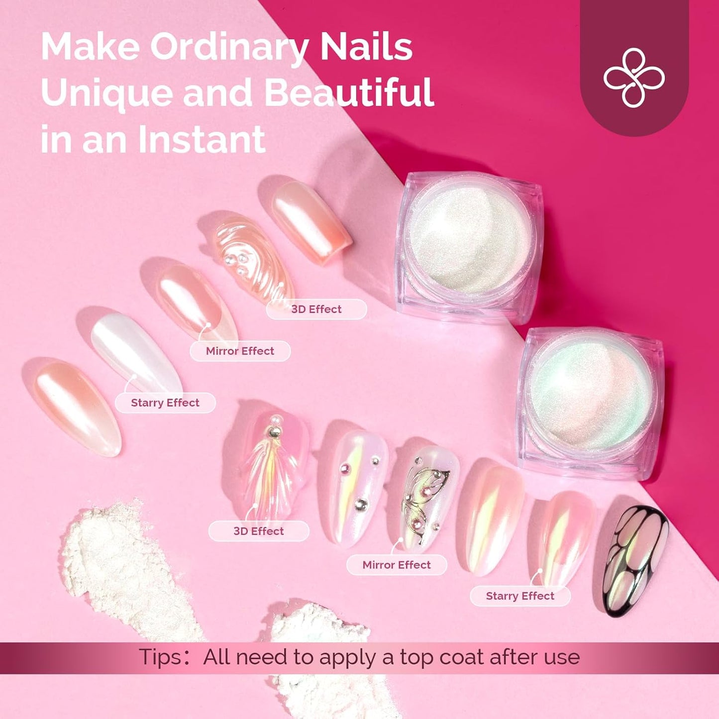 MelodySusie 2Pcs Chrome Nail Powder for Gel Nails, Pearl and Aurora Powder Mirror Effect Pigment Pearlescent Mermaid Pigment Pearl Glitter for Home DIY Salon Use