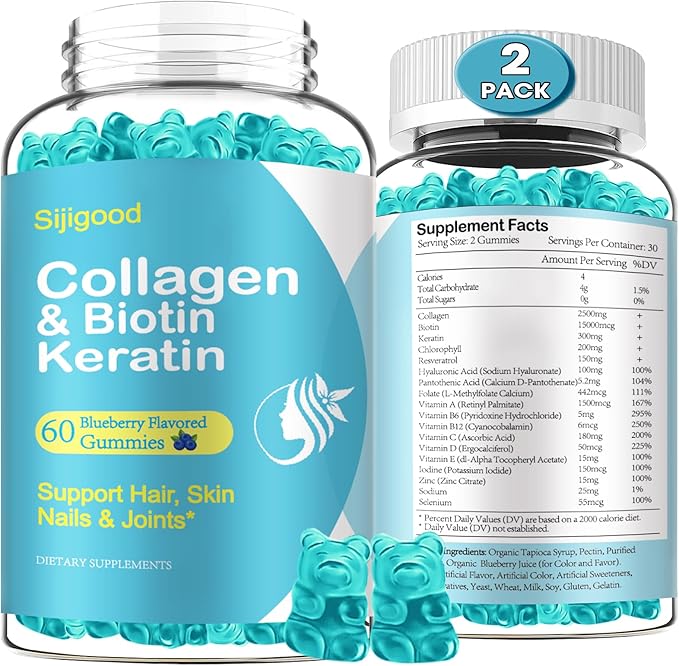 2 Pack Biotin Gummies with Collagen, Keratin, Hyaluronic Acid, Vitamin for Skin, Hair Growth, Nails, Women Men Adults Kids - Blueberry Flavored, 120 Gummies