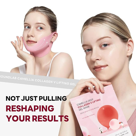 ROUND LAB Camellia Deep Collagen V Lifting Gel Mask 10g/0.35oz *14EA | face toning belt, collagen v-line mask, improves sagging skin, lifting & firming, double-chin mask, instant cooling & depuffing