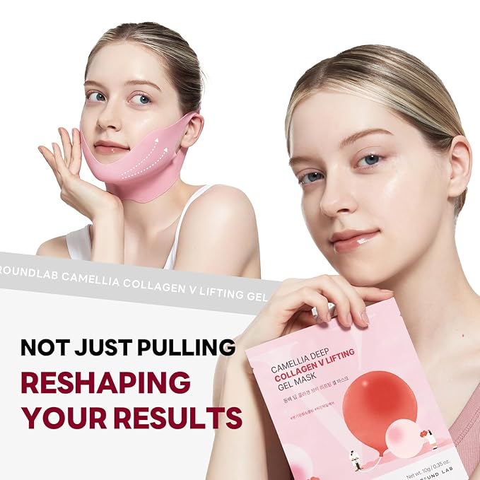 ROUND LAB Camellia Deep Collagen V Lifting Gel Mask 10g/0.35oz | face toning belt, collagen v-line mask, improves sagging skin, lifting & firming, double-chin mask, instant cooling & depuffing