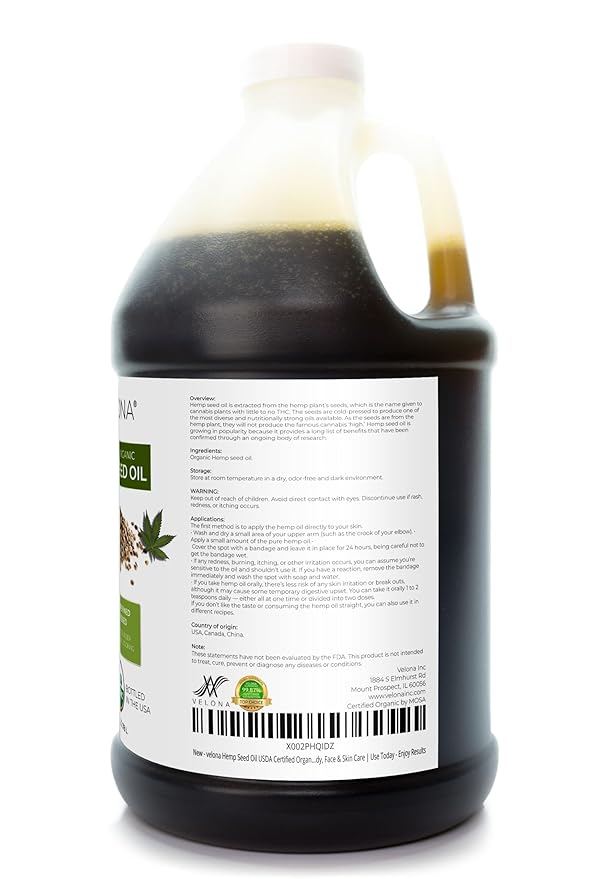 velona Hemp Seed Oil USDA Certified Organic - 1 Gallon / 128 Fl Oz | 100% Pure and Natural Carrier Oil | Unrefined, Cold Pressed | Hair, Body, Face & Skin Care