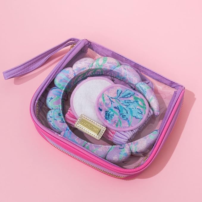 Lilly Pulitzer Self Care Kit, Spa Gift Set for Women with Spa Headband, 2 Face Wash Pads, 2 Wristbands, and Scrunchie, Secret Escape