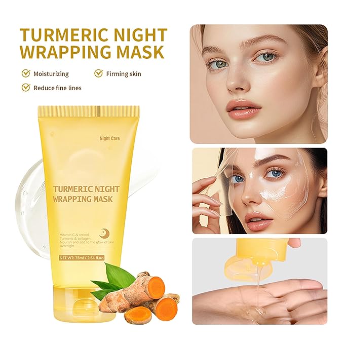 Turmeric Night Wrapping Mask, Peel-Off Face Mask Gel - Rich In Vitamin C & Retinol Long-Lasting Moisturizing & Locks In Moisture, Deep Nourish Turmeric & Collagen Mask, 2.54oz