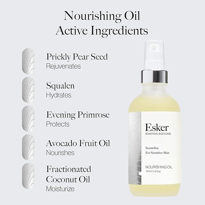 ESKER Nourishing Body Oil For Sensitive Skin Formulated to Hydrate and Retstore Dry Skin Infused with Prickly Pear Oil | Unscented | Vegan | Cruelty-Free Clean Beauty (4 fl oz | 120 ml)