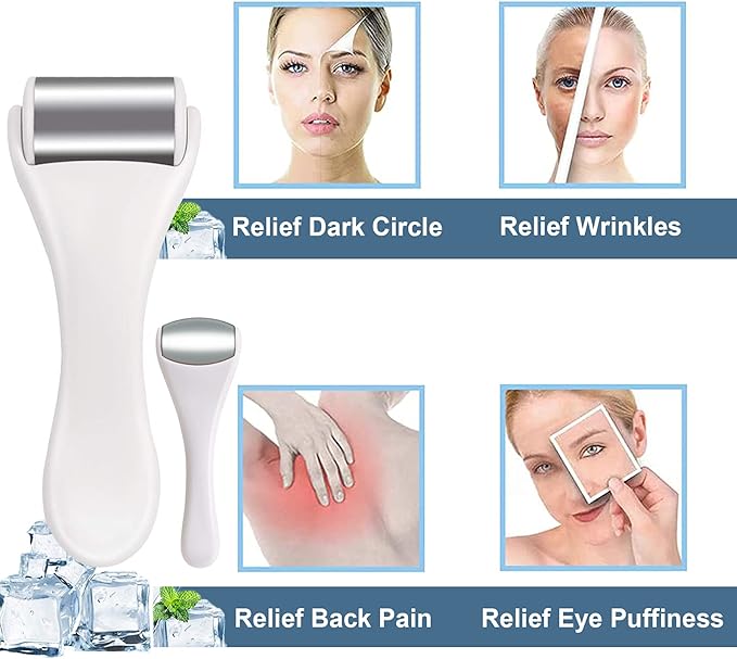 Ice Roller for Body & Face, 2in1 Facial & Eye Massager Roller - Tighten Pores, Migraine & Pain Relief, Eye Puffiness Relief