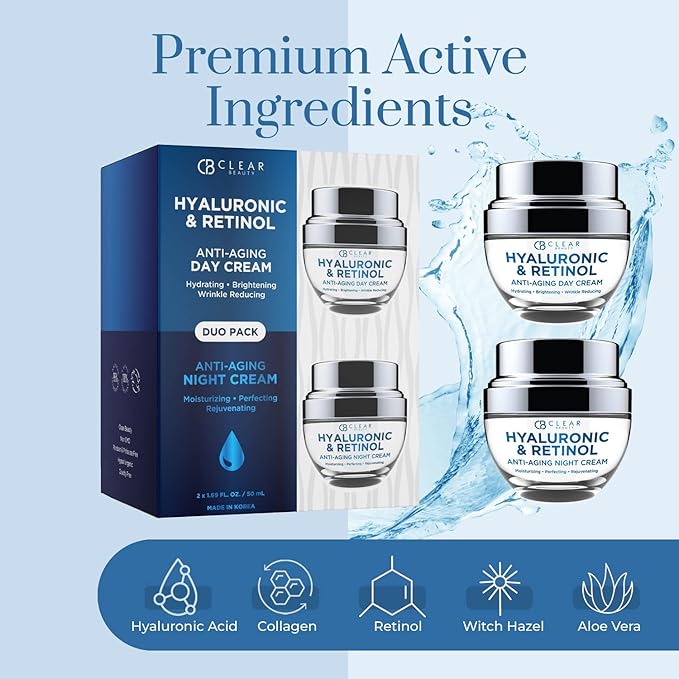 Hyaluronic Acid & Retinol Day/Night Moisturizer Set - Dermatologist Tested, Anti-Aging, Hydrating Fine Lines & Wrinkles, Clean Beauty, Cruelty-Free Korean Skin Care - 1.69oz (2 Pack)