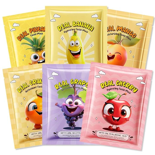 Kaely 6 Pack Fruit Face Masks for Kids, Kids Face Mask Spa Day kit Supplies, Spa Party Favors for Teens Girls Women, Sheet Facial Mask Skincare Gifts Set, Moisturize Soothe for All Skin Types, 01
