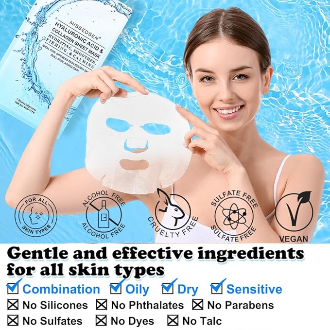 Collagen Face Mask Skincare For Women Hyaluronic Acid Moisturizing Firming Calming Hydrating Pore Treatment Anti-Aging of Different Ages and Skin Types Urban Beauty Secret 25 PCS