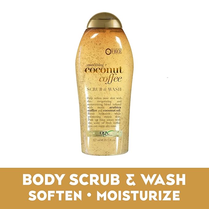 OGX Smoothing + Coconut Coffee Exfoliating Body Scrub with Arabica Coffee & Coconut Oil, Moisturizing Body Wash for Dry Skin, Paraben-Free with Sulfate-Free Surfactants, 19.5 Fl Oz