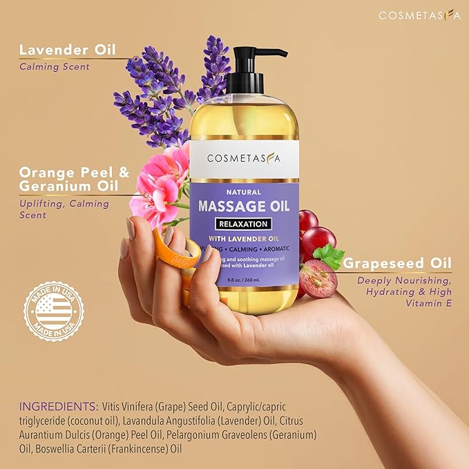 Cosmetasa Luxury Spa Gift Set for Women & Men - Relaxation Lavender Massage Oil, Citrus Coconut Massage Oil, Arnica Sore Muscle Massage Oil with Hot Stones, Roller Ball and Thumb Saver Massage Tools