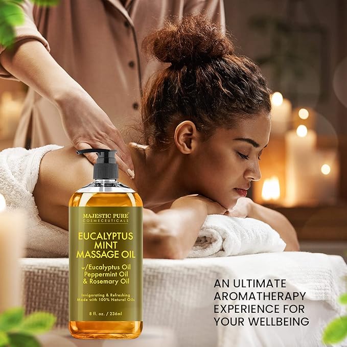 MAJESTIC PURE Eucalyptus Mint Massage Oil - Invigorating, Refreshing, and Relaxing - Massage, Made with Natural Oils - for All Skin Types - Men and Women - 8 fl oz