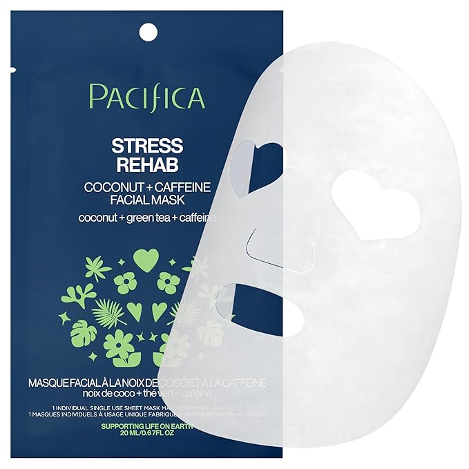 Pacifica Sheet Mask - Stress Rehab Coconut & Caffeine Facial Mask - 12-PACK De-Stress Sheet Mask for Redness & Puffiness Relief, Infused w/Green Tea, Turmeric & Hyaluronic Acid Cruelty-Free Skincare