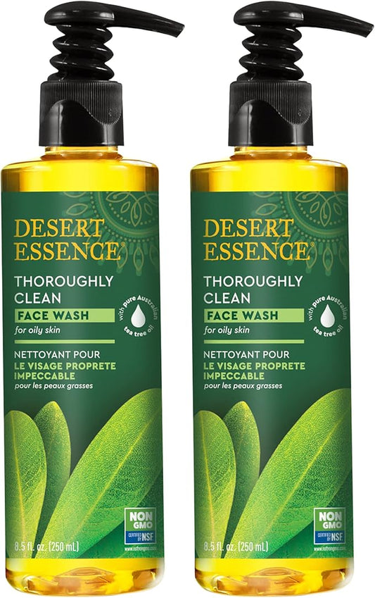 Desert Essence Thoroughly Clean Face Wash - Original - 8.5 Fl Oz - Pack of 2 - Tea Tree Oil - For Soft Radiant Skin - Gentle Cleanser - Extracts Of Goldenseal, Awapuhi, & Chamomile Essential Oils