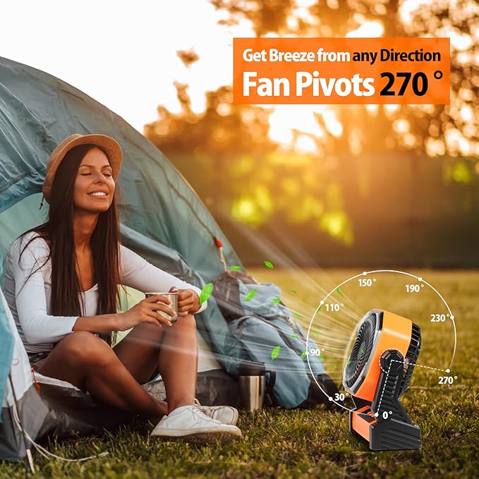 20000mAh Camping Fan, Rechargeable Portable Fan with 400 Lumes Light, 360° Rotatable Hook, 270° Pivot, 4 Speeds, 58Hrs Battery Powered for Tent Car Trip Outdoor BBQ Hurricane Power Outages
