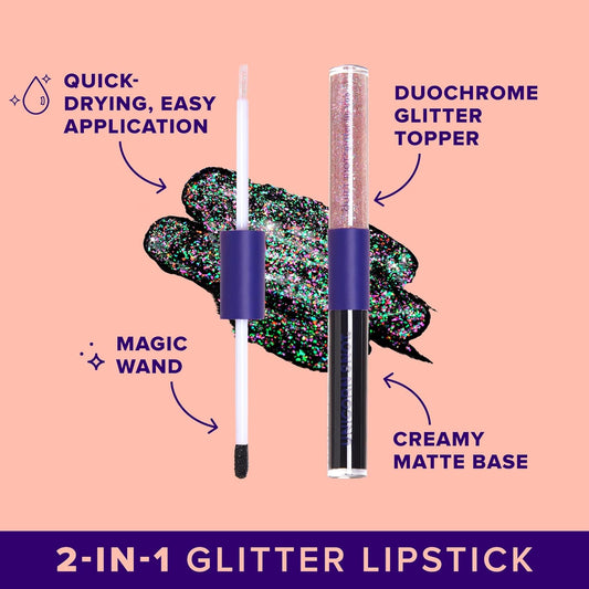UNICORN SNOT Quiet Riot™ Plastic-Free Glitter Lip Duo | 2-in-1 Set w/Matte Lipstick & Sparkly Glitter Lip Gloss | Halloween Costume Makeup | 0.15oz Black Lipstick & 0.16oz Gloss (Chasm)