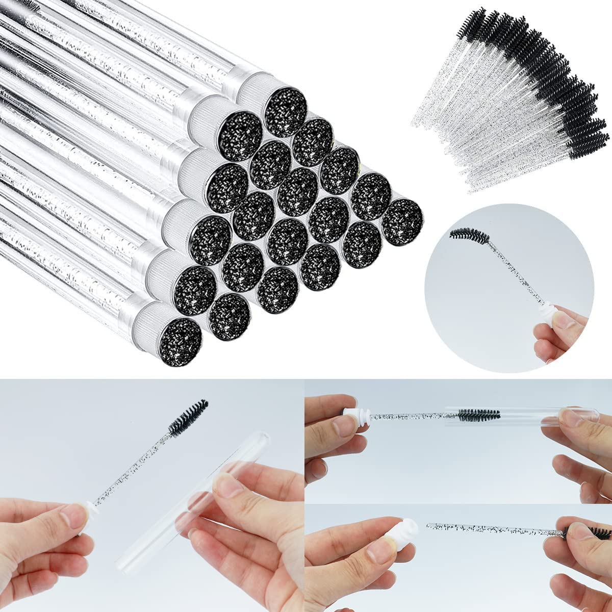 Mascara Brushes Tubes Set 70 Pieces Disposable Eyelash Brushes Replacement with 20 Pieces Empty Tubes for Eyelash Extension Lash Mascara Wand (Black Diamond)