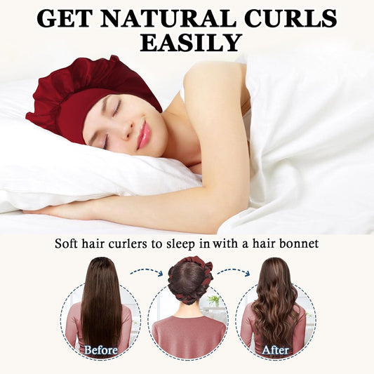 No Heat Overnight Hair Curlers - 70" Soft Ribbon Curl Wrap with 9 Curling Rods, Headband for Long Hair Rollers - Burgundy