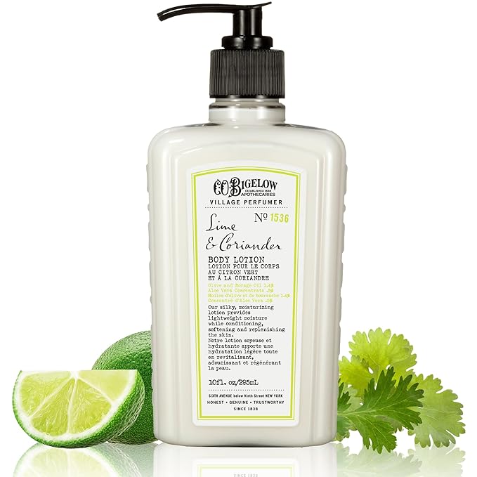 C.O. Bigelow Lime Coriander Body Lotion for Women and Men, Village Perfumer Lotion with Olive Oil, Borage Oil, and Aloe Vera Concentrate, 10 fl oz