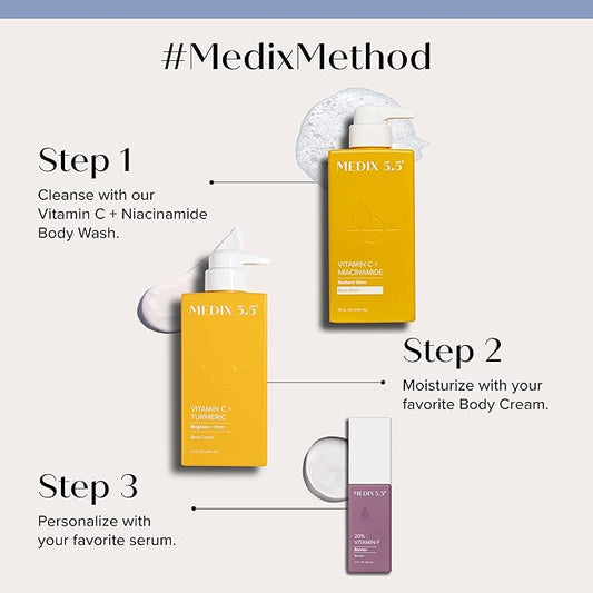 MEDIX Vitamin C Body Wash + Vitamin C Body Lotion & Face Moisturizer 2PC Skin Care Set | Anti Aging Lotion + Body Cleanser Skincare Set For Women, Men, & Smoother Looking Skin, 2-Pack