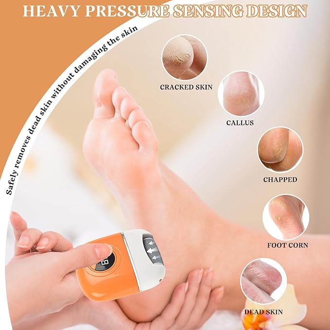 Electric Callus Remover Foot File - Rechargeable Callus Remover Pedicure Tools for Feet Foot Scrubber File Foot Care Grinder with 3 Grinding Heads 2 Speeds for Men Women Dry Callus Dead Skin (Orange)