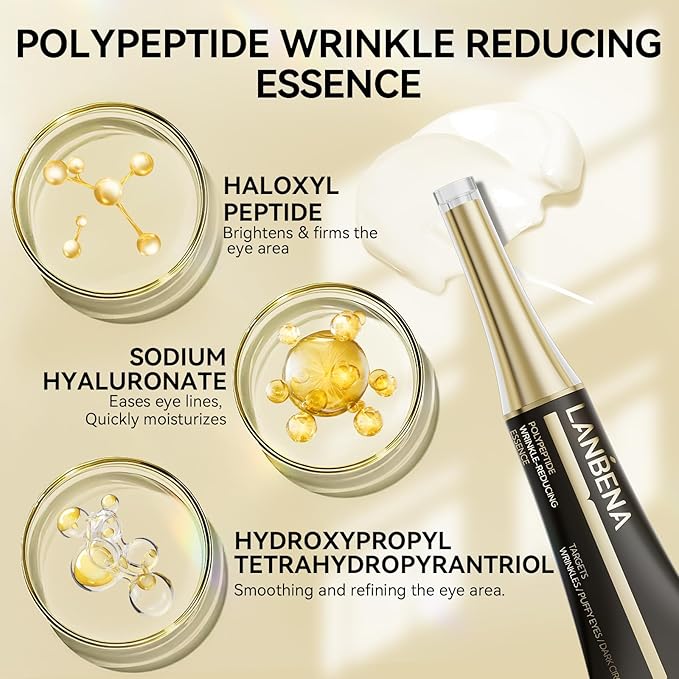 LANBENA Under Eye Patches (6 Pairs), Wrinkle-Reduce Essence(0.27 Fl.Oz), 24K Gold Full Around Gel Serum Mask, Puffy Undereye Treament, Fine Lines, Refresh, Hydrate| Paraben free, Eye Skin Care