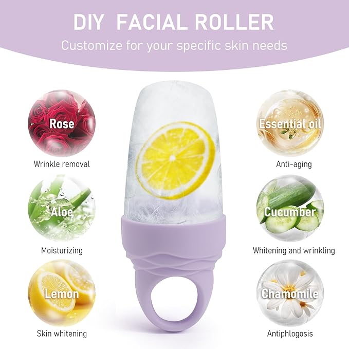 3 Pcs Facial Ice Roller Silicone Mold Reusable for Face Women and Eye Neck Cold Skin Care Tools Freezer De Puff Eye Bags Reduce Migraine Pain Purple